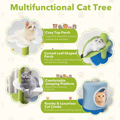 34.5 Inch 4 Tier Flower Cat Tree with Condo, Leaf Perch and Jingling Balls, Blue and Green