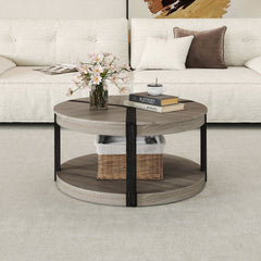 34.5 inches Rubber Wood 2-Tier Round Center Table with Spacious Tabletop and Storage Shelf-Gray
