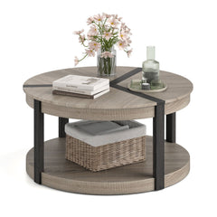 34.5 inches Rubber Wood 2-Tier Round Center Table with Spacious Tabletop and Storage Shelf-Gray