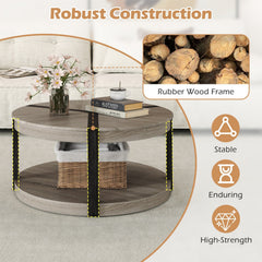 34.5 inches Rubber Wood 2-Tier Round Center Table with Spacious Tabletop and Storage Shelf-Gray