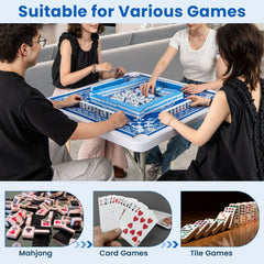 35 Inch 4 Player Game Card Folding Mahjong Table with Cup Holders-Light Blue
