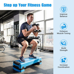 35 Inch Aerobic Cardio Adjustable Exercise Stepper with Risers-Blue