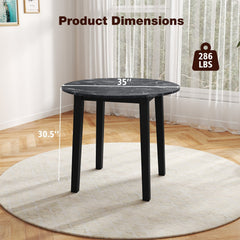35 Inch Round Dining Table with Rubber Wood Legs and Marble-textured Veneer Tabletop-Black