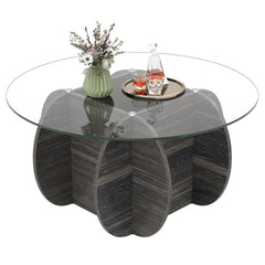 35 inches Round Coffee Table Unique Circle Center Table with Tempered Glass Top and Solid Wood Base-Black