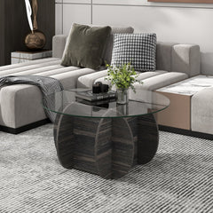 35 inches Round Coffee Table Unique Circle Center Table with Tempered Glass Top and Solid Wood Base-Black