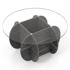 35 inches Round Coffee Table Unique Circle Center Table with Tempered Glass Top and Solid Wood Base-Black
