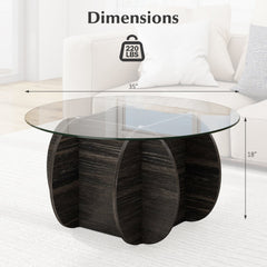 35 inches Round Coffee Table Unique Circle Center Table with Tempered Glass Top and Solid Wood Base-Black