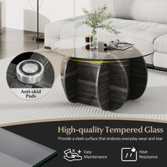 35 inches Round Coffee Table Unique Circle Center Table with Tempered Glass Top and Solid Wood Base-Black