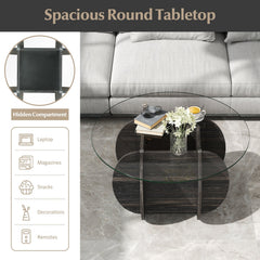 35 inches Round Coffee Table Unique Circle Center Table with Tempered Glass Top and Solid Wood Base-Black