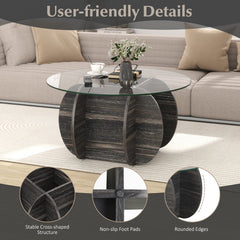 35 inches Round Coffee Table Unique Circle Center Table with Tempered Glass Top and Solid Wood Base-Black