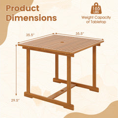 35.5 inches Acacia Wood Outdoor Dining Table with Umbrella Hole and Reinforced Crossbar for 4