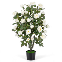 35.5 inches Artificial Rose Tree with Blooming Flowers and Green Leaves for Indoor-White