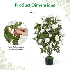 35.5 inches Artificial Rose Tree with Blooming Flowers and Green Leaves for Indoor-White