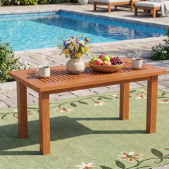 35.5 Inch Outdoor Modern Rectangular Coffee Table with Slatted Top for Backyard