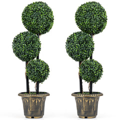 35 Inches Artificial Boxwood Topiary Tree Triple Ball Shrubs Set of 2