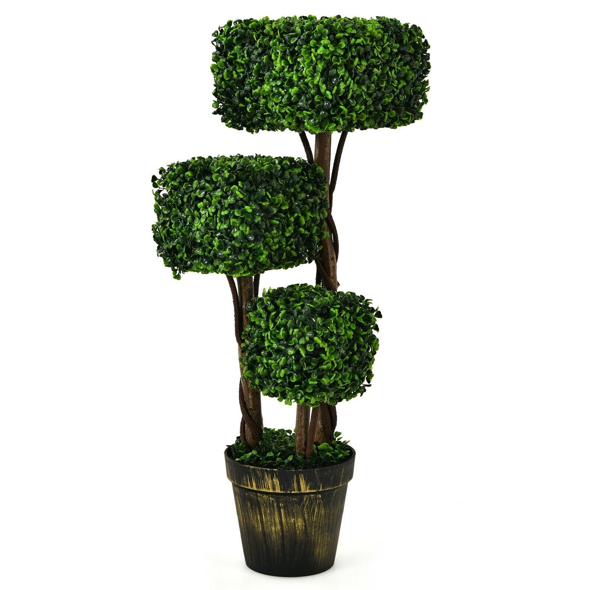 36 Inch Artificial Boxwood Topiary Tree, Three Square Clipped Forms in One Pot