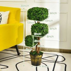 36 Inch Artificial Boxwood Topiary Tree, Three Square Clipped Forms in One Pot