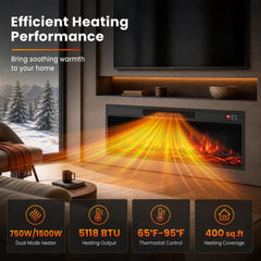 36 Inch Recessed Electric Fireplace Heater with Adjustable Flame Colors & Brightness