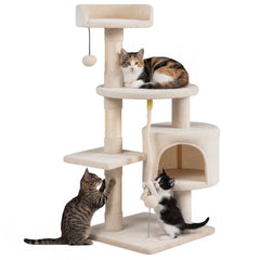 36 Inch Kitten Tower with Large Condo, Raised Edge Top Perch and 3 Sisal Posts, Beige
