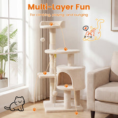 36 Inch Kitten Tower with Large Condo, Raised Edge Top Perch and 3 Sisal Posts, Beige
