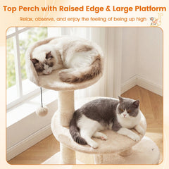 36 Inch Kitten Tower with Large Condo, Raised Edge Top Perch and 3 Sisal Posts, Beige