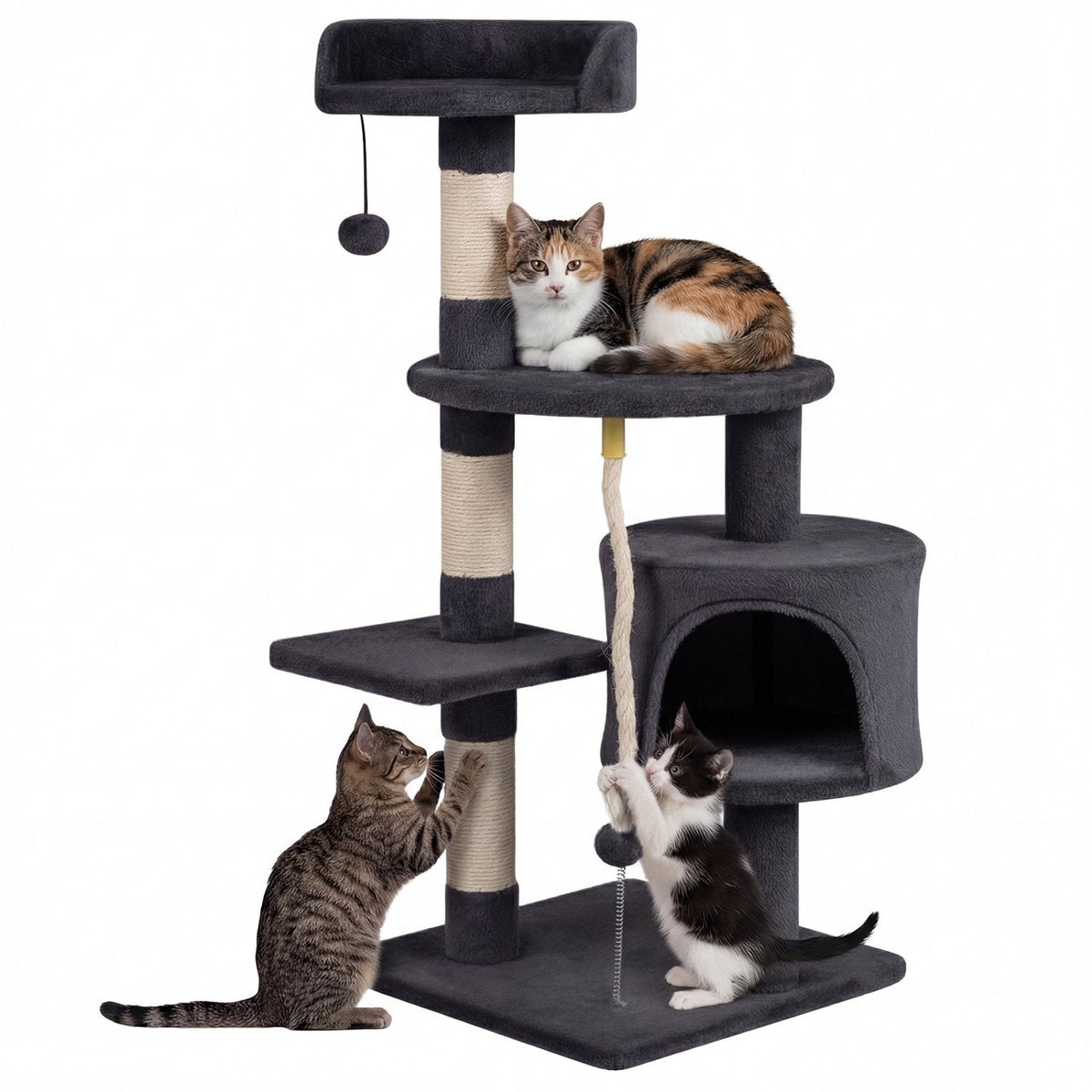 36 Inch Dark Gray Cat Tower with Condo, Three Sisal Posts and Hanging Rope
