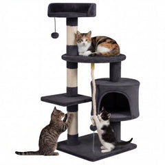 36 Inch Dark Gray Cat Tower with Condo, Three Sisal Posts and Hanging Rope