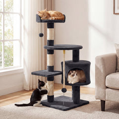 36 Inch Dark Gray Cat Tower with Condo, Three Sisal Posts and Hanging Rope