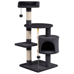 36 Inch Dark Gray Cat Tower with Condo, Three Sisal Posts and Hanging Rope