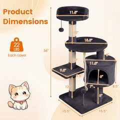 36 Inch Dark Gray Cat Tower with Condo, Three Sisal Posts and Hanging Rope