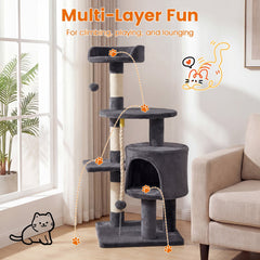 36 Inch Dark Gray Cat Tower with Condo, Three Sisal Posts and Hanging Rope