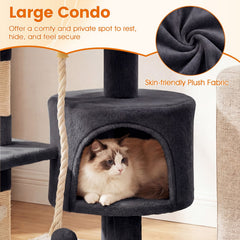 36 Inch Dark Gray Cat Tower with Condo, Three Sisal Posts and Hanging Rope