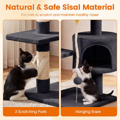 36 Inch Dark Gray Cat Tower with Condo, Three Sisal Posts and Hanging Rope