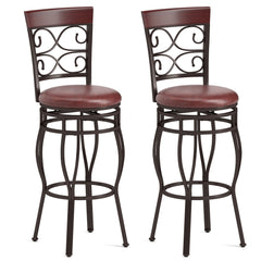 Set of 2 Scrollwork Metal Swivel Bar Stools, Rustic Brown PU Seat, 30 Inch Seat Height