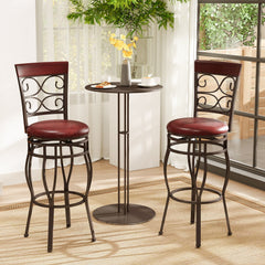 Set of 2 Scrollwork Metal Swivel Bar Stools, Rustic Brown PU Seat, 30 Inch Seat Height