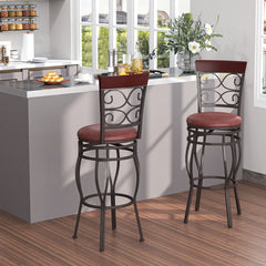 Set of 2 Scrollwork Metal Swivel Bar Stools, Rustic Brown PU Seat, 30 Inch Seat Height