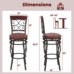 Set of 2 Scrollwork Metal Swivel Bar Stools, Rustic Brown PU Seat, 30 Inch Seat Height