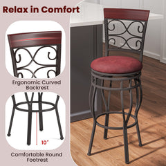 Set of 2 Scrollwork Metal Swivel Bar Stools, Rustic Brown PU Seat, 30 Inch Seat Height