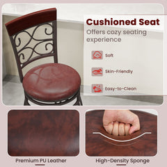 Set of 2 Scrollwork Metal Swivel Bar Stools, Rustic Brown PU Seat, 30 Inch Seat Height