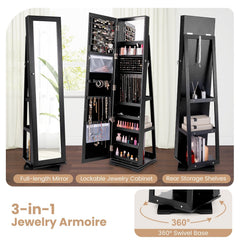 360° Rotatable 2-in-1 Lockable Jewelry Cabinet with Full-Length Mirror-Black
