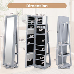 360° Rotatable 2-in-1 Lockable Jewelry Cabinet with Full-Length Mirror-Gray