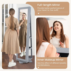 360° Rotatable 2-in-1 Lockable Jewelry Cabinet with Full-Length Mirror-Gray