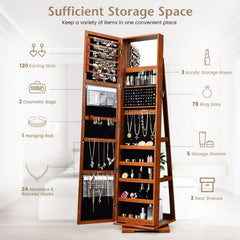 360° Rotatable Armoire 2-in-1 Lockable Mirrored Jewelry Cabinet-Brown