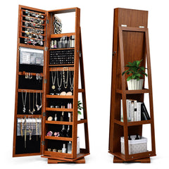 360° Rotatable Armoire 2-in-1 Lockable Mirrored Jewelry Cabinet-Brown