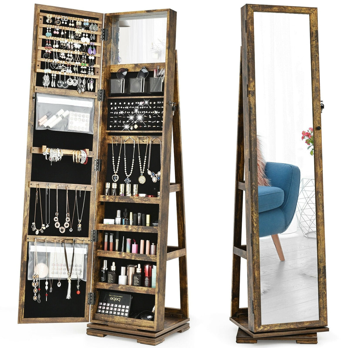 360° Rotatable Armoire 2-in-1 Lockable Mirrored Jewelry Cabinet-Rustic Brown