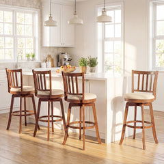 Set of 2 Swivel Bar Stools with Slat Back and Cream Seat, Walnut Wood, 30.5 Inch Seat Height