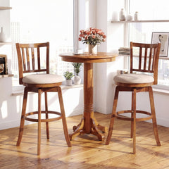 Set of 2 Swivel Bar Stools with Slat Back and Cream Seat, Walnut Wood, 30.5 Inch Seat Height
