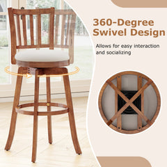 Set of 2 Swivel Bar Stools with Slat Back and Cream Seat, Walnut Wood, 30.5 Inch Seat Height