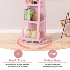 360° Rotating Mirrored Jewelry Cabinet Armoire 3 Color LED Modes Lockable-Pink