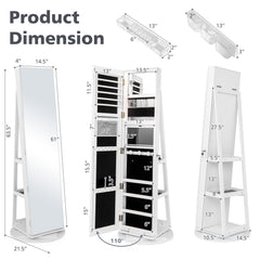 360° Rotating Mirrored Jewelry Cabinet Armoire 3 Color LED Modes Lockable-White